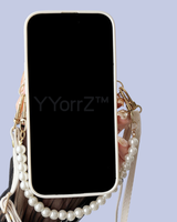The front view of the Crossbody Quilted iPhone Wallet Case with Pearl Chain Strap