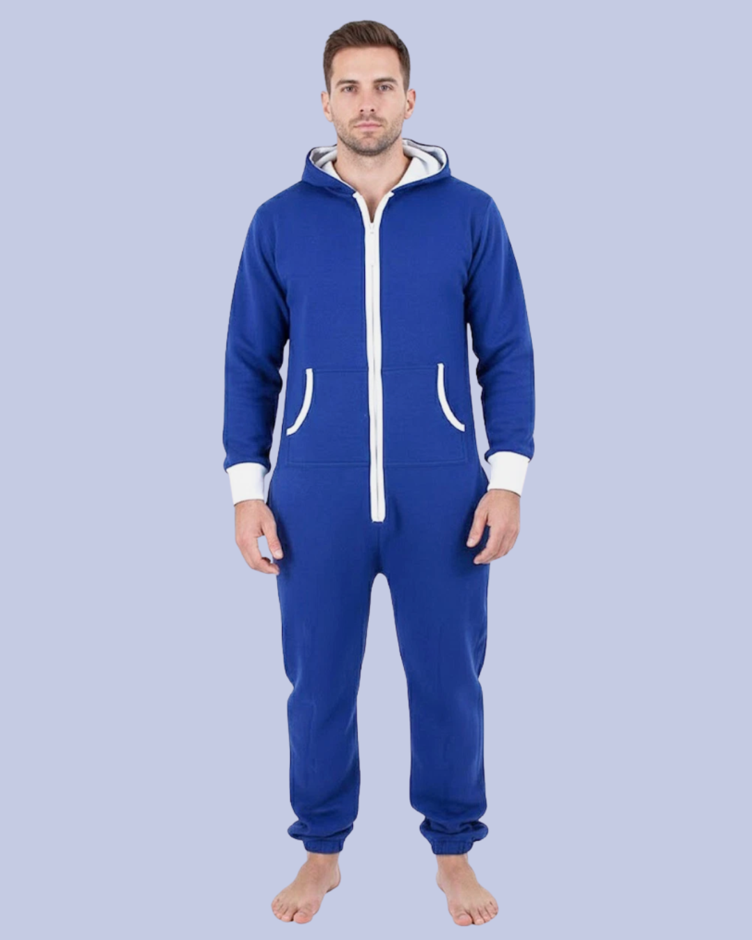 The front view of the Men’s Fleece One Piece Hooded Jumpsuit