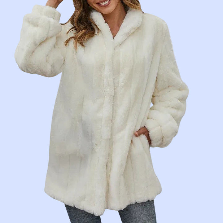 The front view of the Soft White Faux Fur Overcoat