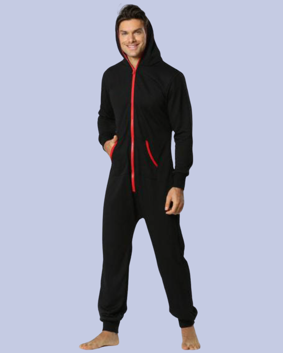 The front view of the black and red Men’s Fleece One Piece Hooded Jumpsuit