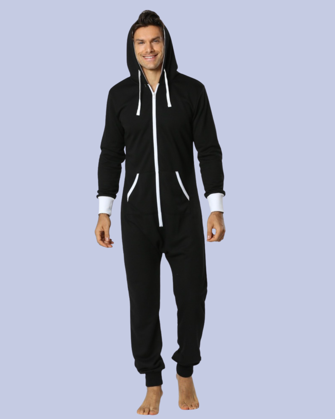 The front view of the black and white Men’s Fleece One Piece Hooded Jumpsuit