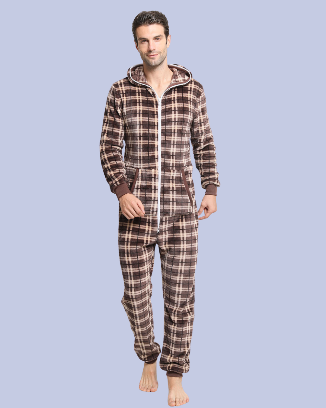 The front view of the dark brown shade Men’s Fleece One Piece Hooded Jumpsuit