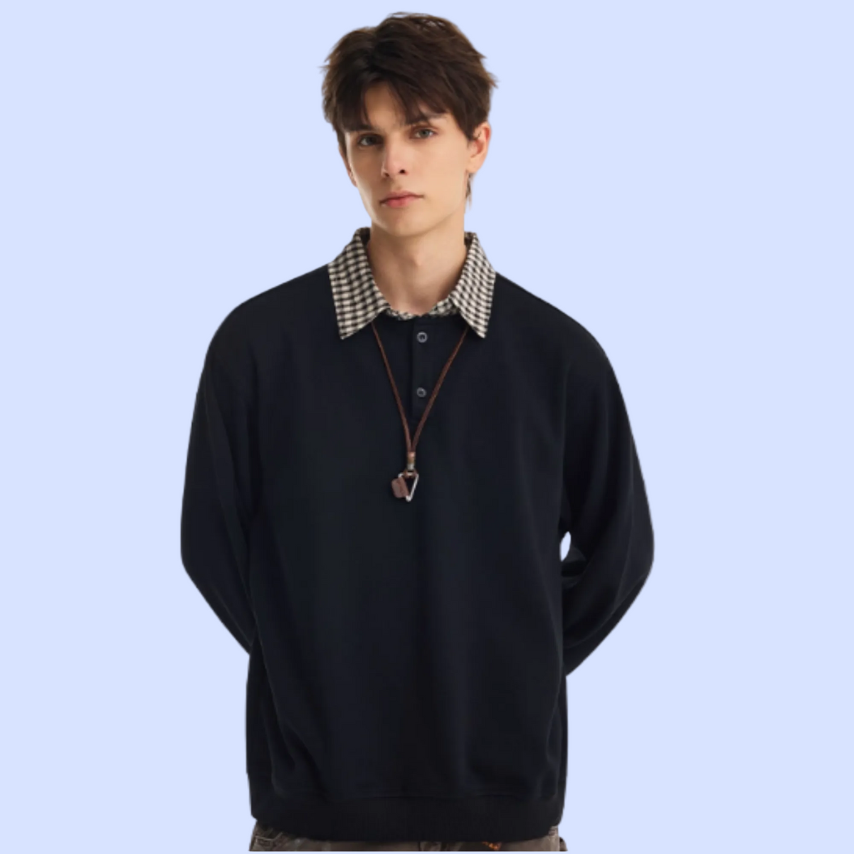 midnight black Loose Fit Collared Mock Layer Sweater