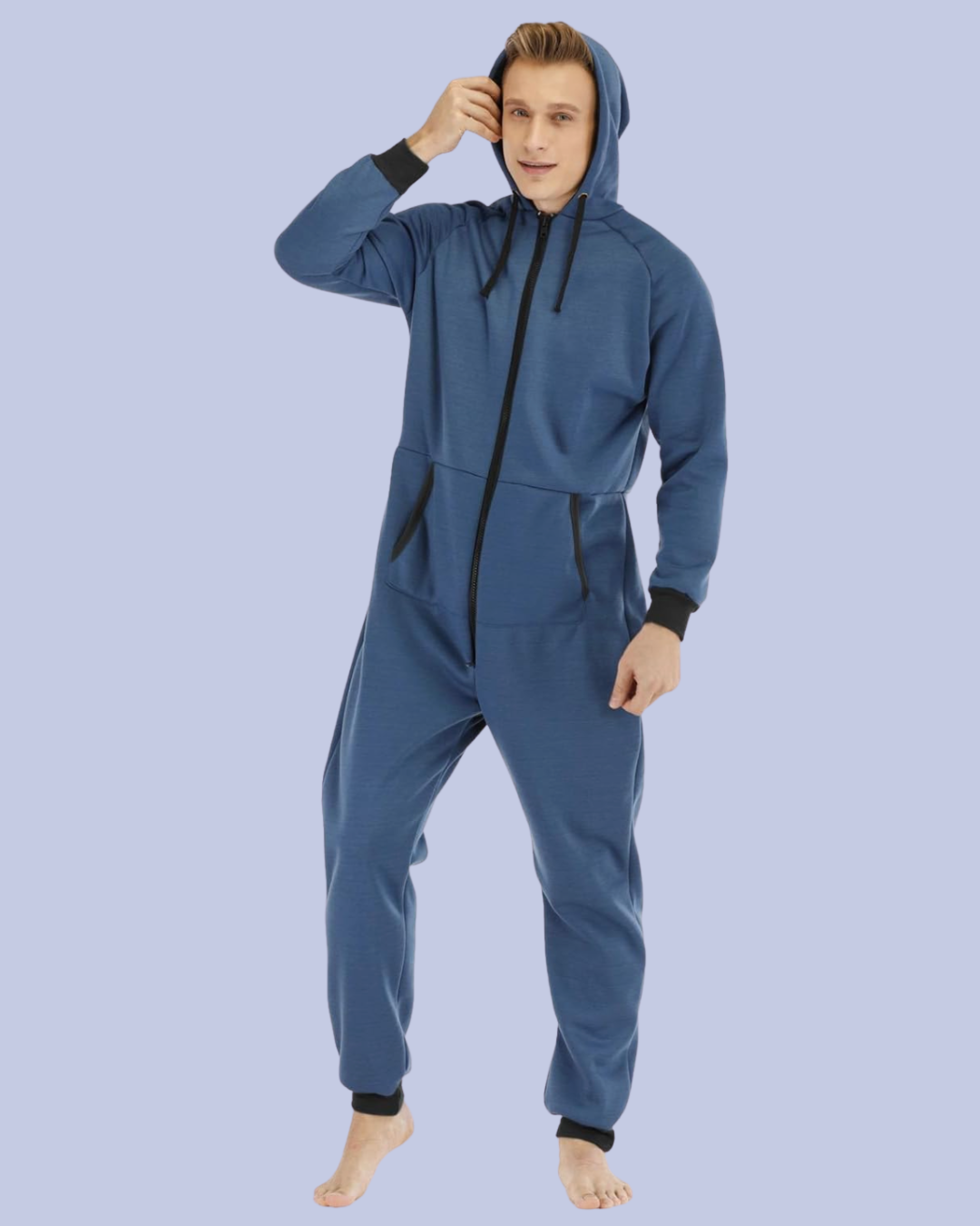 Front view of the navy blue Men’s Fleece One Piece Hooded Jumpsuit