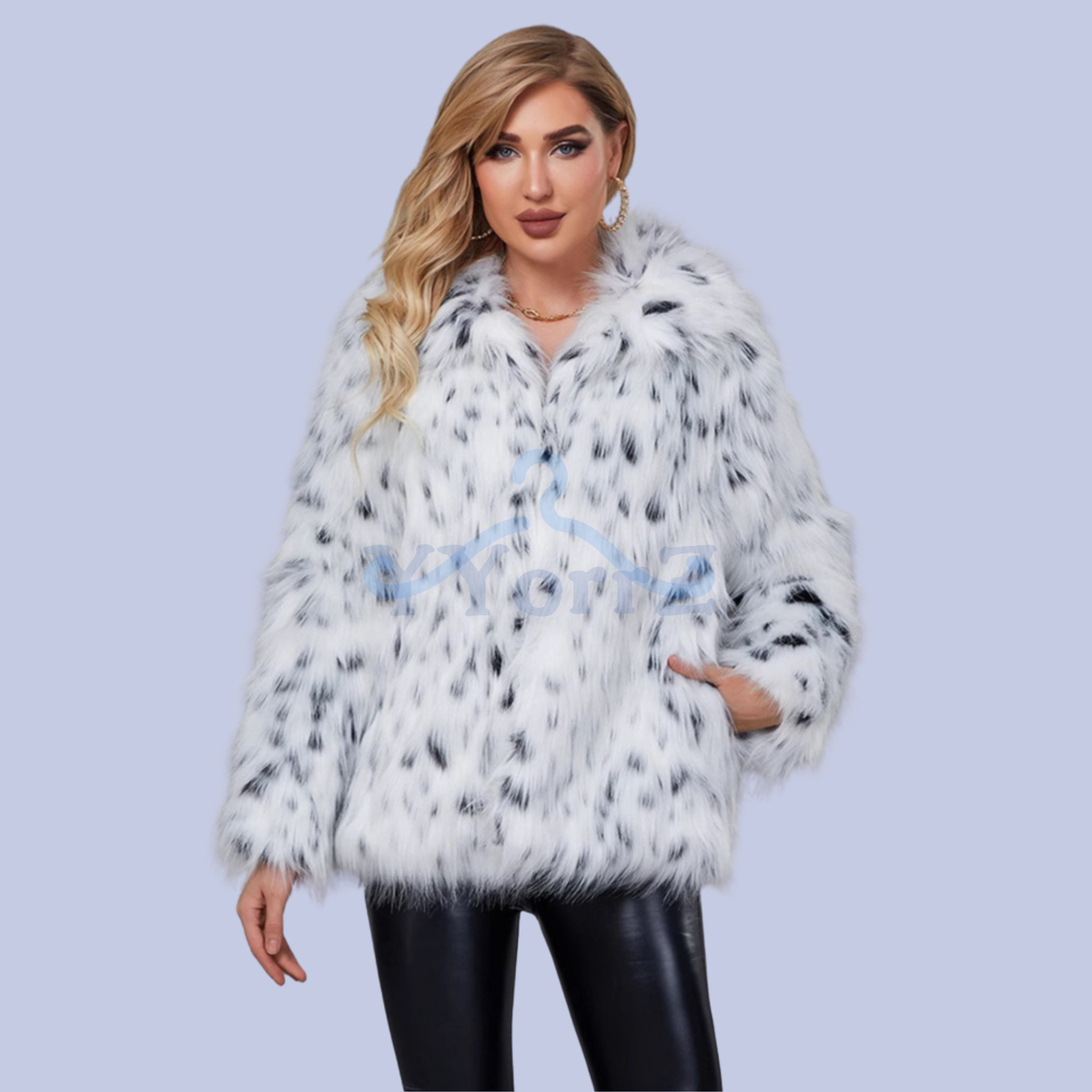 White Ocelot Leopard Print Faux Fur Notch Collar Coat