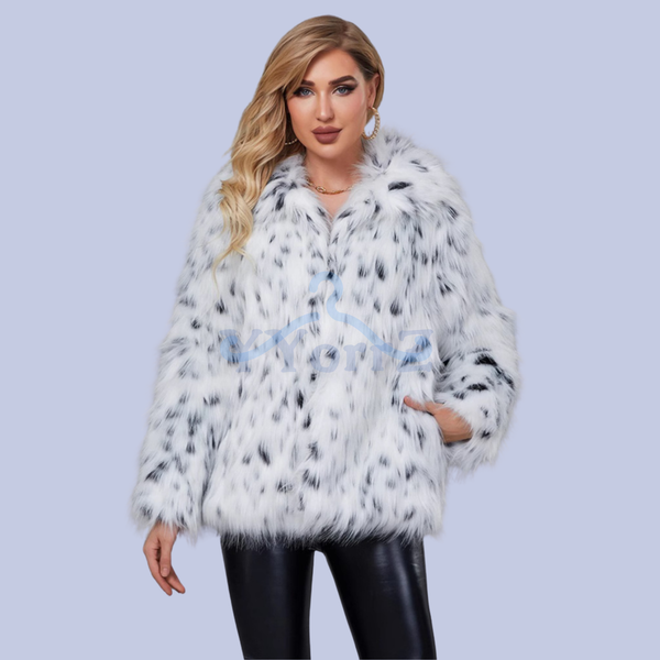 Full front display of the White Ocelot Leopard Print Faux Fur Notch Collar Coat