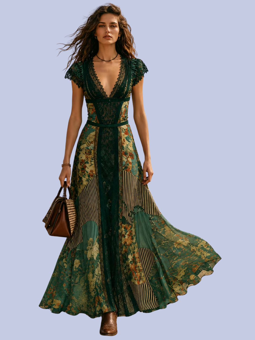 The complete view of the Boho Green Floral Patchwork  V-Neck Maxi Dress