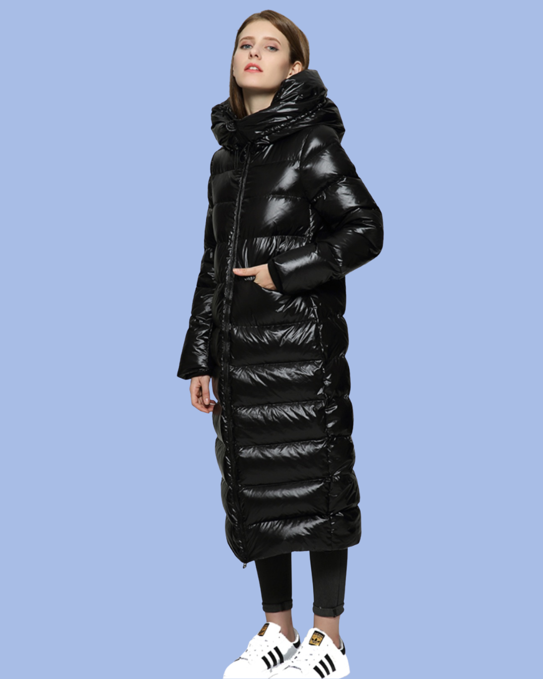 One hand in the pocket of the Long Puffer Parka Coat