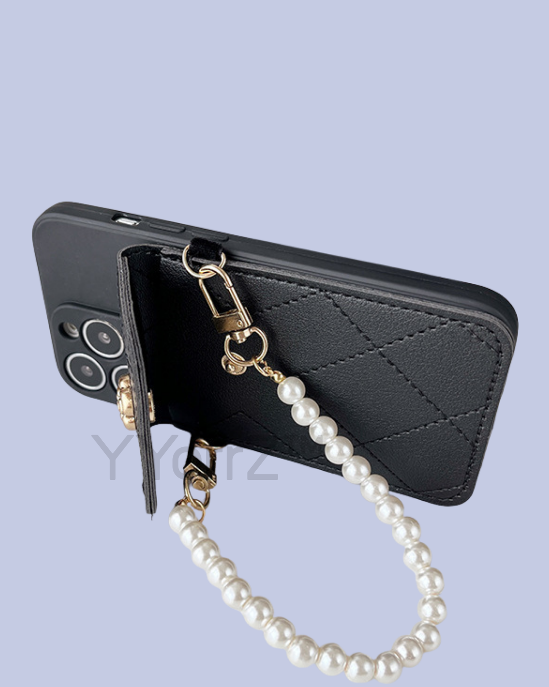 The Crossbody Quilted iPhone Wallet Case with Pearl Chain Strap in landscape view.