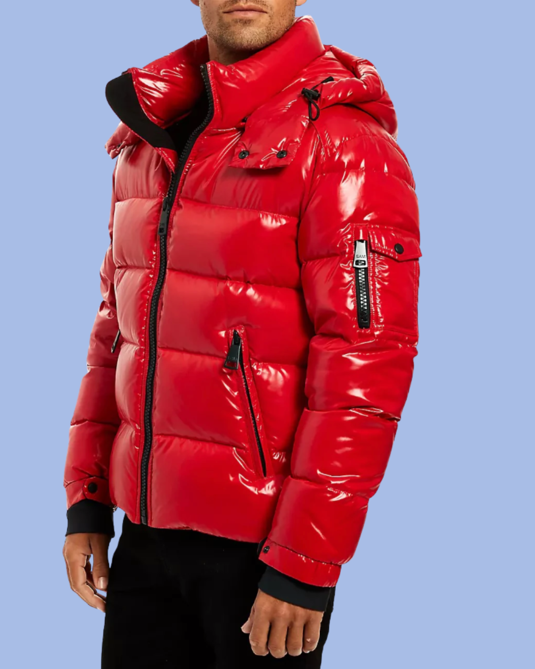 Left side view red Glossy Glacier Down Puffer Coat