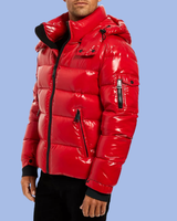 Left side view red Glossy Glacier Down Puffer Coat