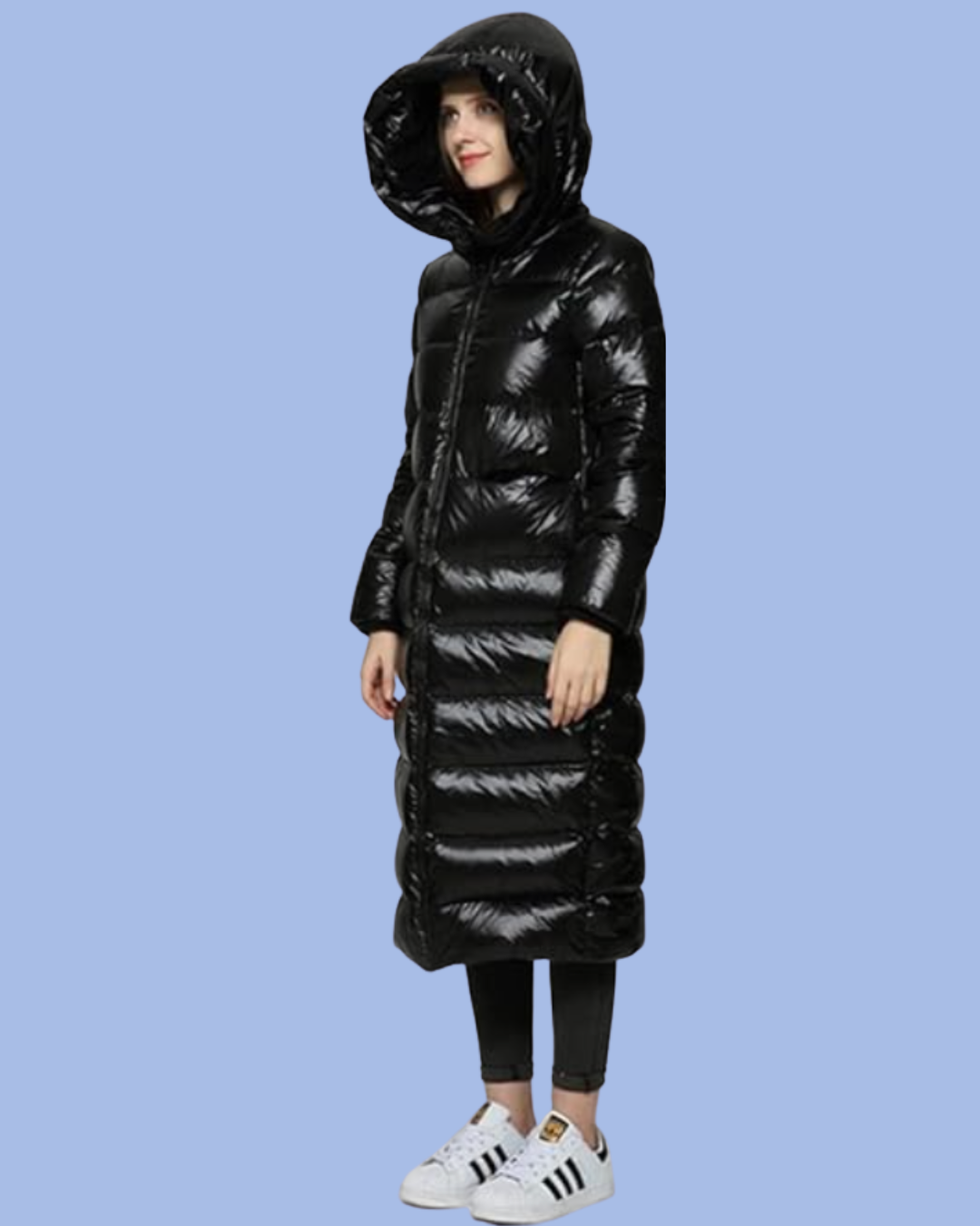 The Long Puffer Parka Coat with hood on