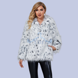 More full front display of the White Ocelot Leopard Print Faux Fur Notch Collar Coat