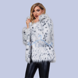More side display of the White Ocelot Leopard Print Faux Fur Notch Collar Coat