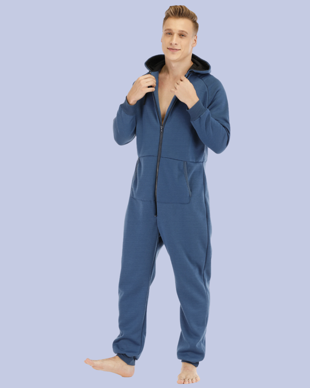 The navy blue Men’s Fleece One Piece Hooded Jumpsuit
