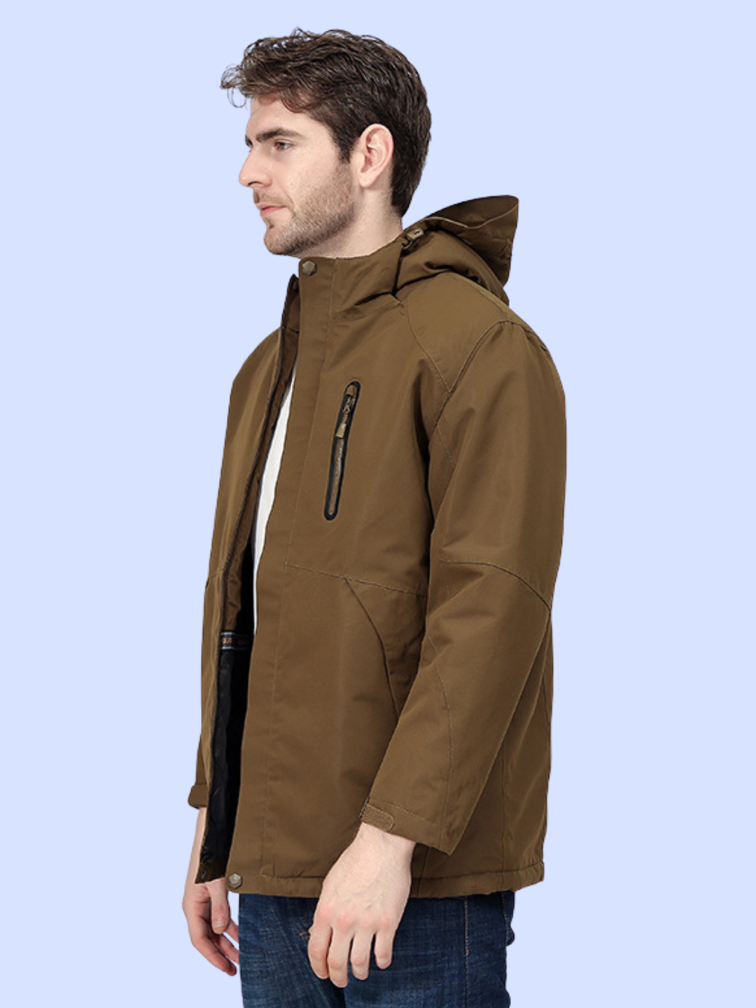 The olive brown Unisex Windproof Electric Heated Hiking Jacket