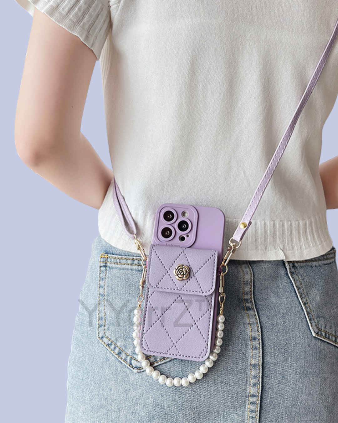 The purple Crossbody Quilted iPhone Wallet Case with Pearl Chain Strap