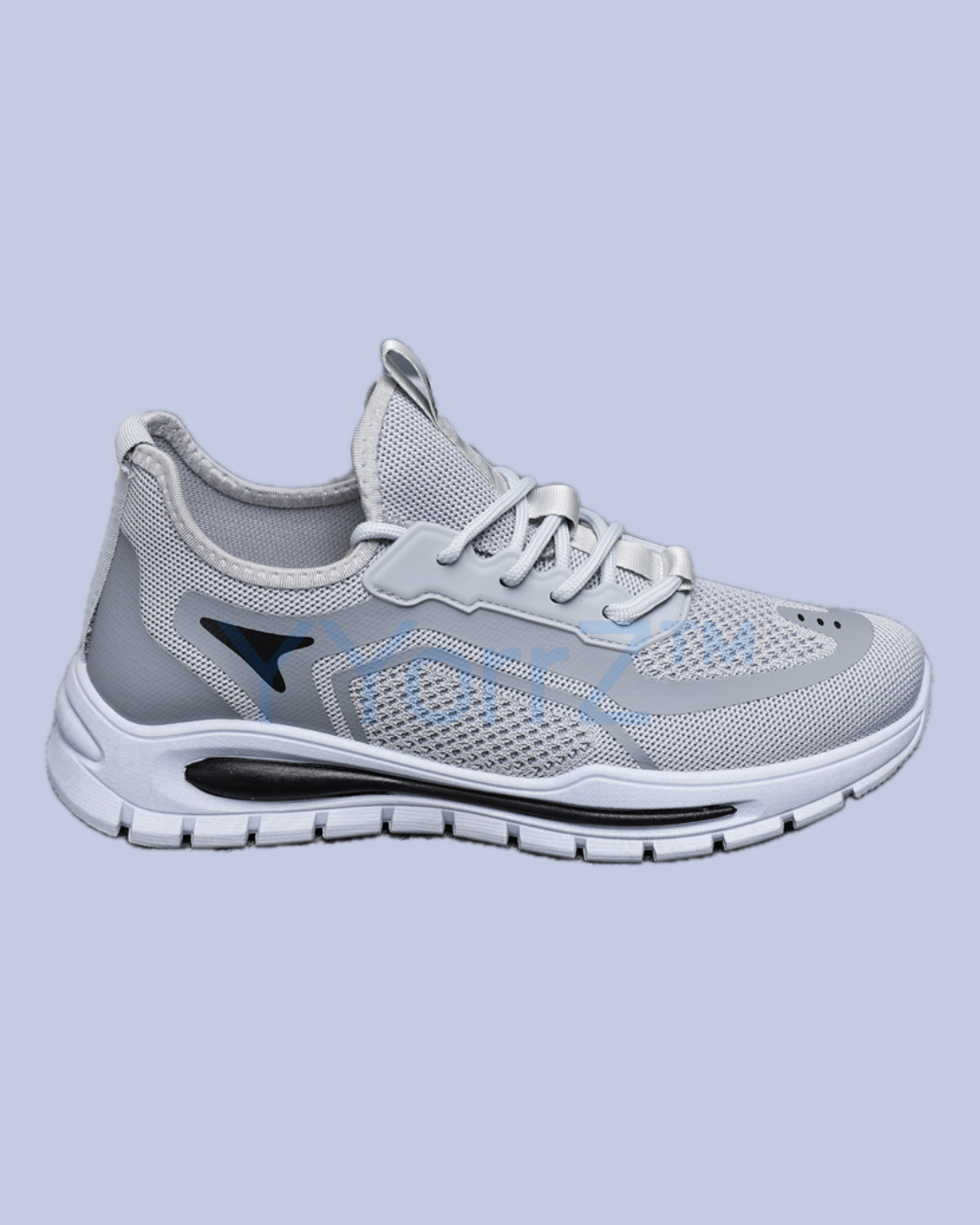 The right foot of the Gray Lightweight Breathable Mesh Sneakers with EVA Insole and Rubber Sole