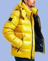 Right side view yellow Glossy Glacier Down Puffer Coat