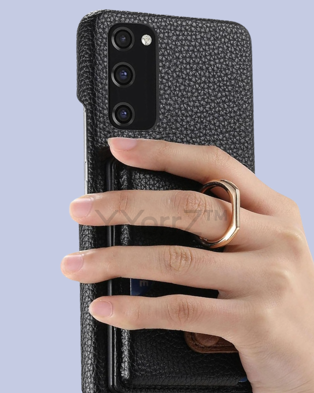 The ring handle of the black Galaxy A52 Card Slot Leather Case