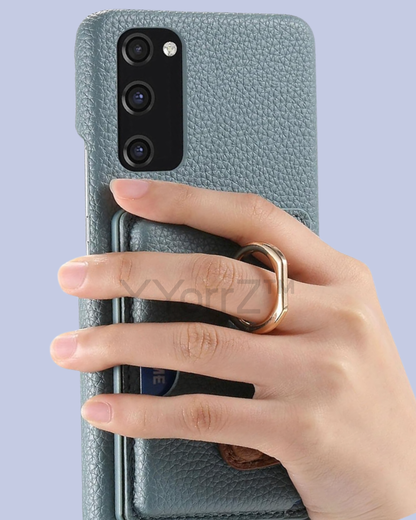 The ring handle of the dusty blue Galaxy A52 Card Slot Leather Case