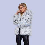 Side display of the White Ocelot Leopard Print Faux Fur Notch Collar Coat