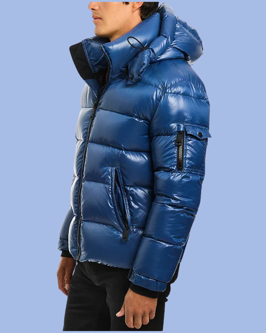 Side view blue Glossy Glacier Down Puffer Coat