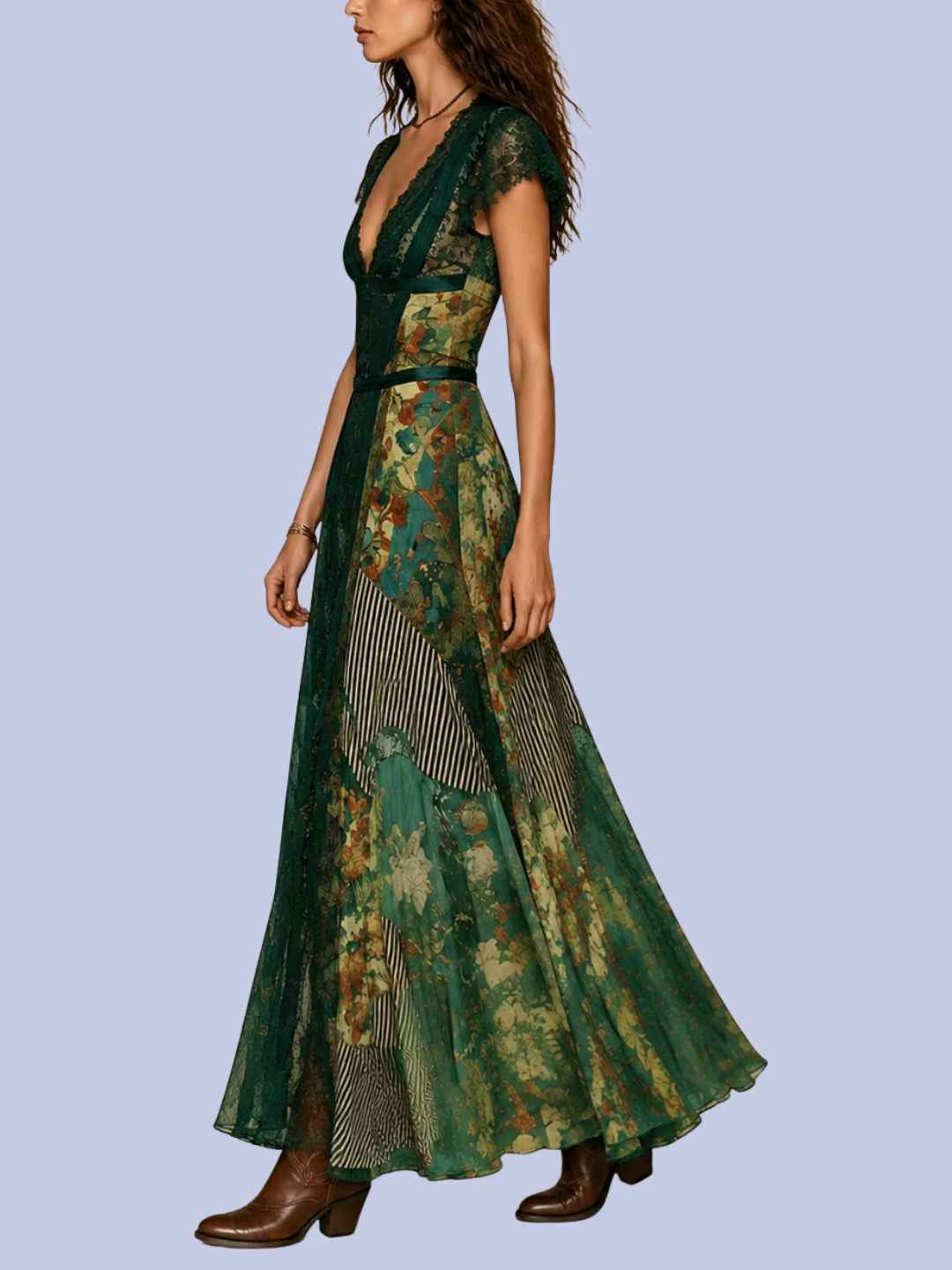 The side view of the Boho Green Floral Patchwork  V-Neck Maxi Dress