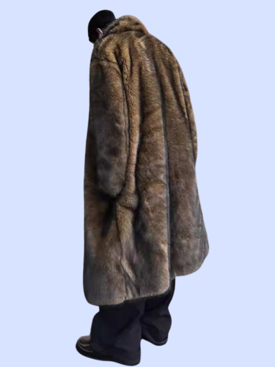 The side view of the Extra Long Loose Fit Winter Faux Fur Coat