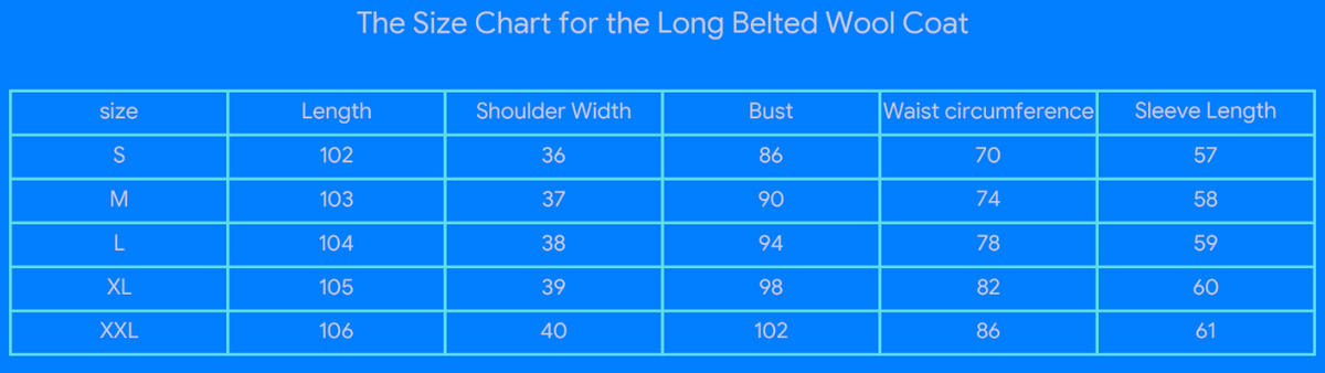 The Size Chart for the Long Belted Wool Coat.