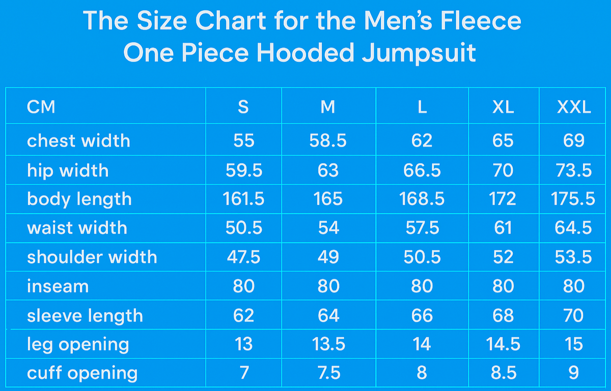 The Size Chart for the Men’s Fleece One Piece Hooded Jumpsuit.