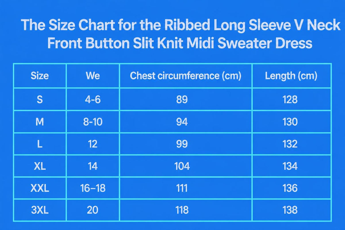 Ribbed Long Sleeve V Neck Front Button Slit Knit Midi Sweater Dress size chart