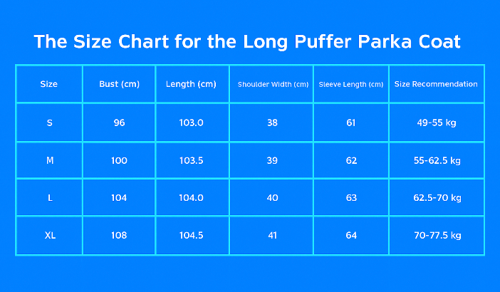 The Size chart for the Long Puffer Parka Coat.