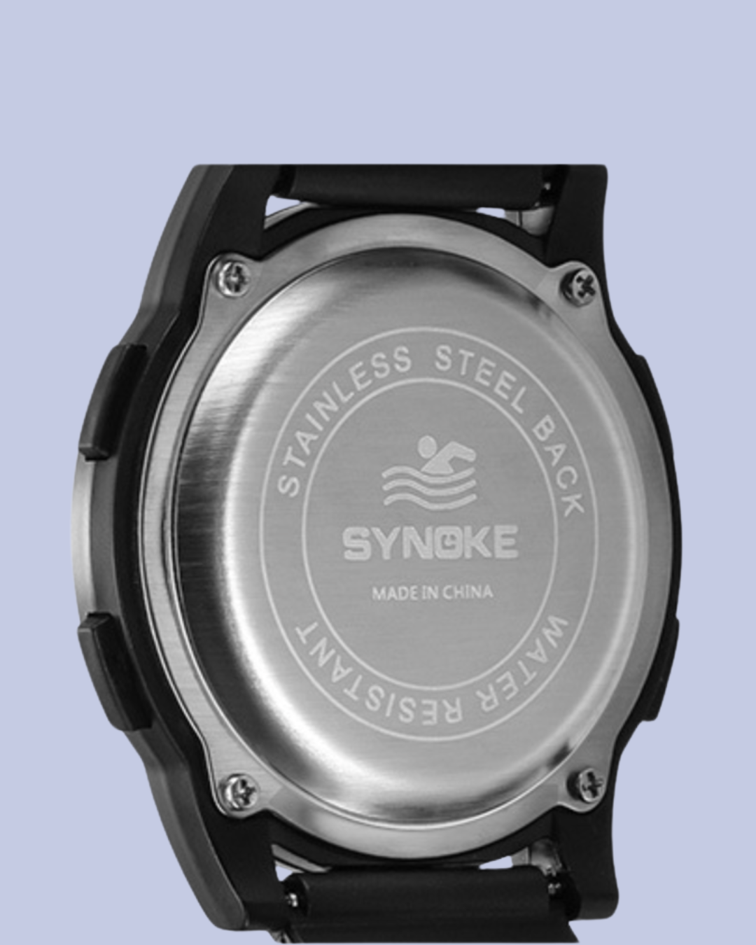 The stainless steel back of the SYNOKE 9822 Waterproof Digital Sports Watch