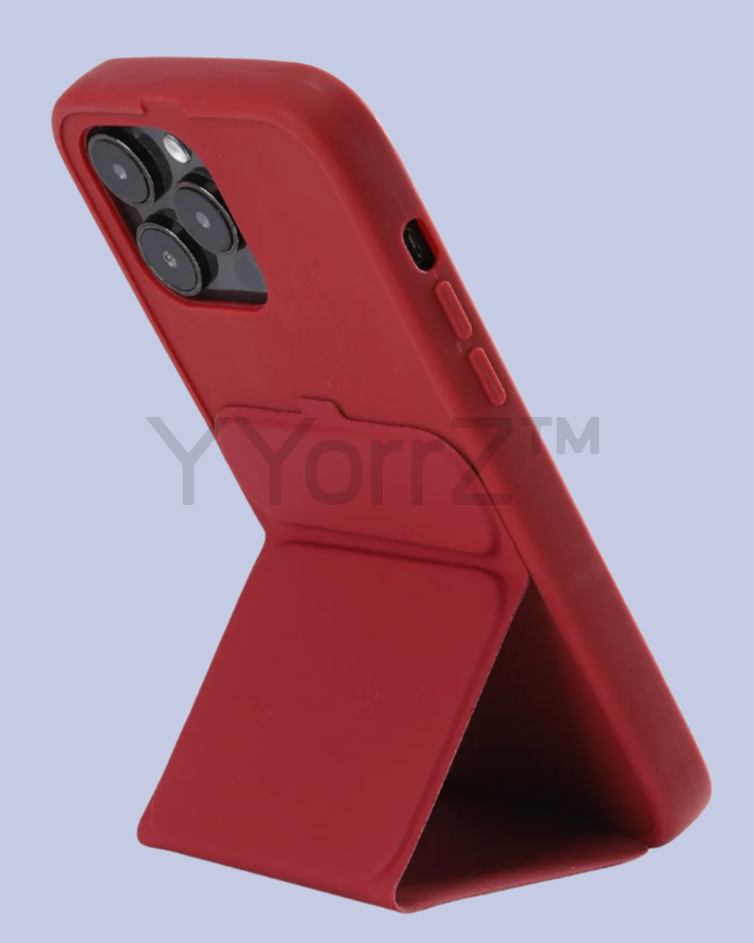 The stand display of the burgundy Slim Tri-Fold Stand Silicone iPhone Case
