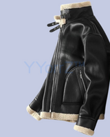 The display of the Black Thick Vintage Faux Leather Curly Shearling Lining Jacket