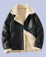 Display of the black Thick Vintage Faux Leather Curly Shearling Lining Jacket
