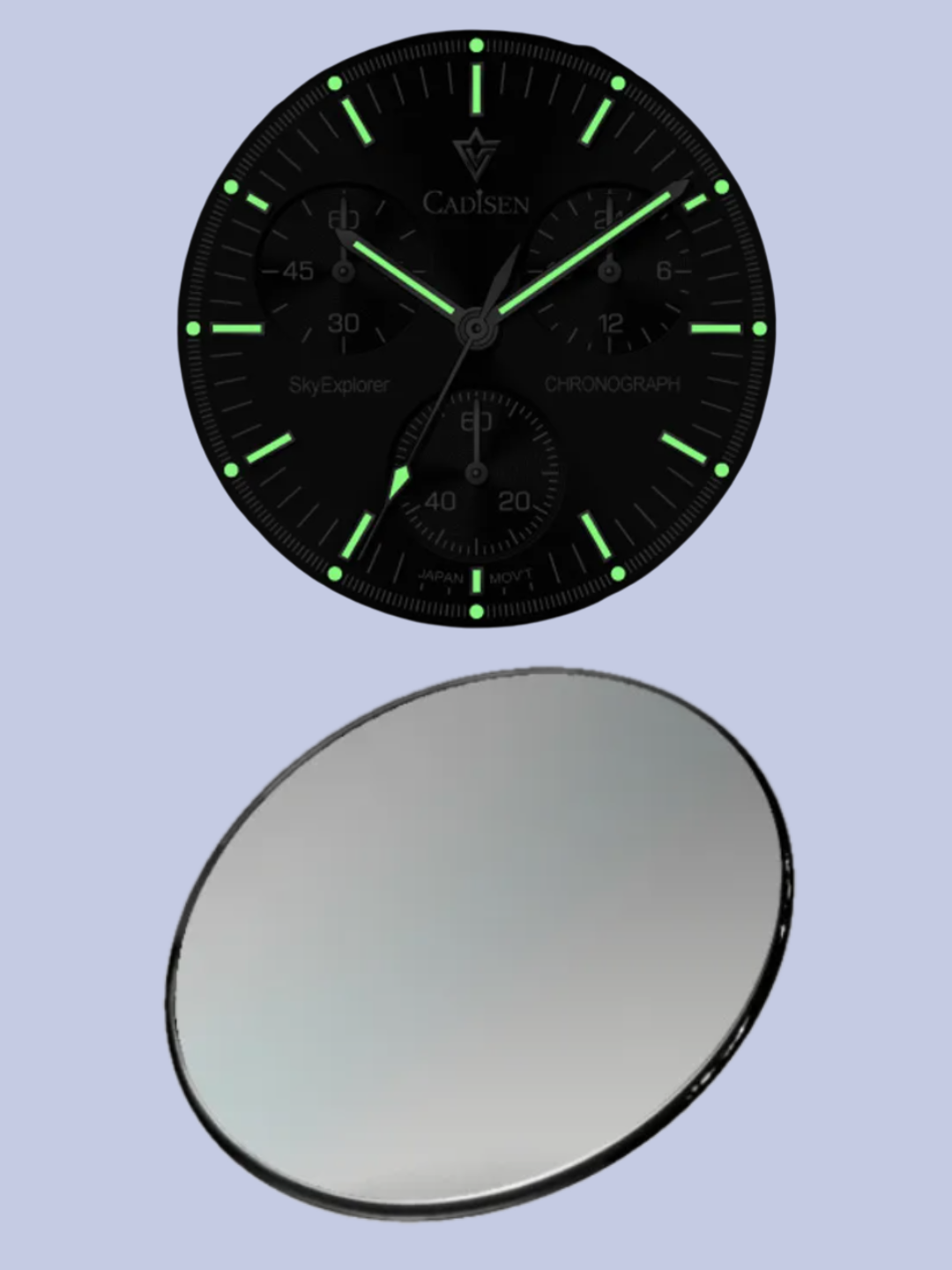 The glass and night display of the CADISEN C7064 Men’s Chronograph Watch