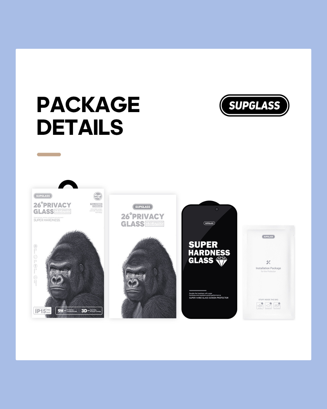 The complete package of the SupGlass Full Privacy Tempered Glass Anti-Peeping Screen Protector