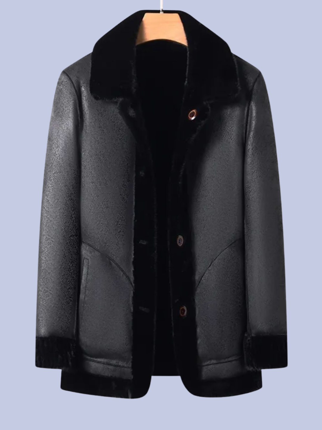 The reverse of the rich black Reversible Faux Fur Polyurethane Leather Jacket