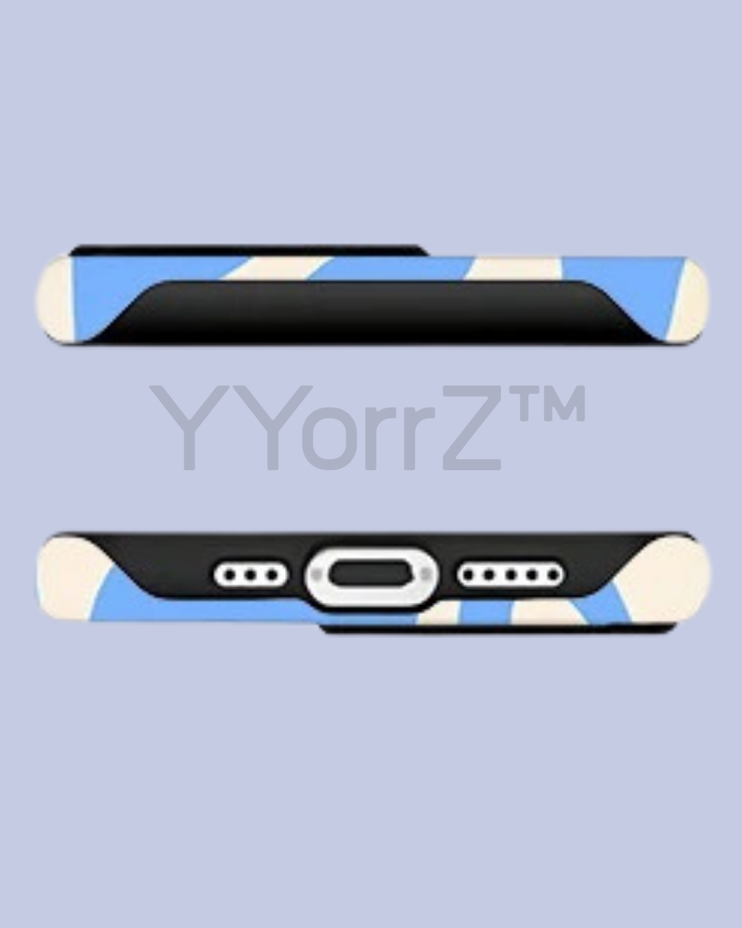 The top and bottom display  of the Blue Cream Swirl Wavy Solid iPhone Case
