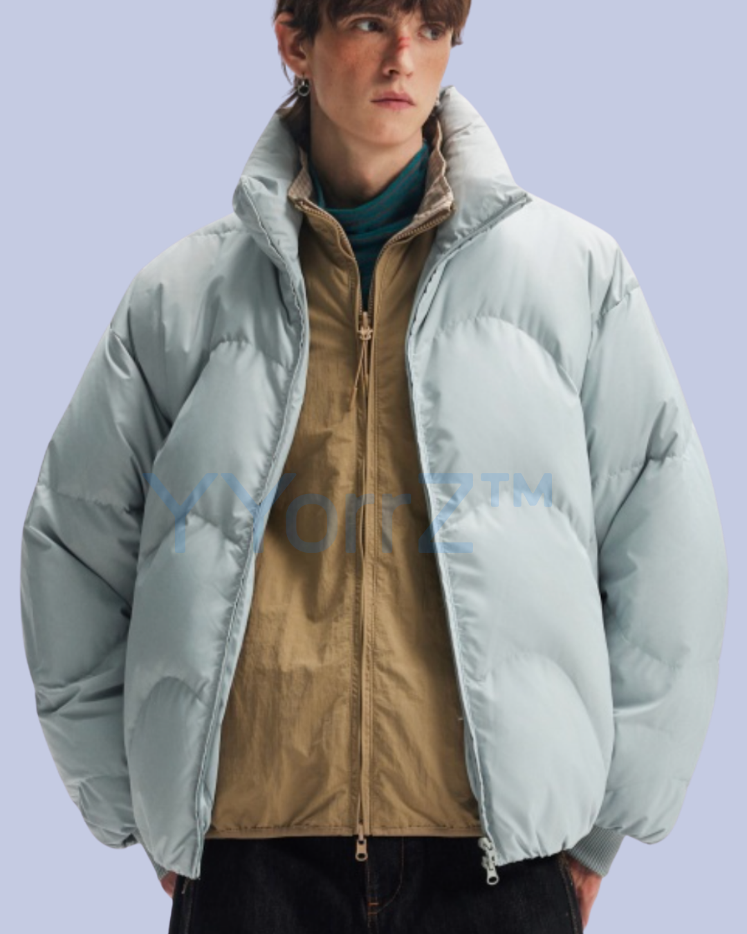 A model with an unbuttoned Glacier Mist Stand Collar Thick Quilted Puffer Jacket