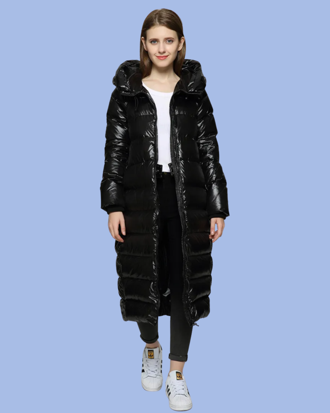 Unzipped view of the Long Puffer Parka Coat