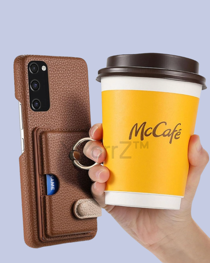 A use case of the ring handle of the cognac brown Galaxy A52 Card Slot Leather Case