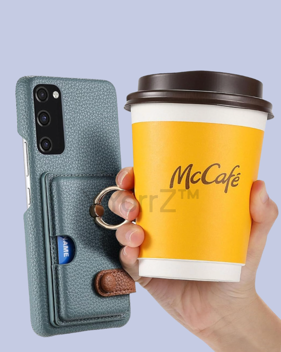 Use case of the ring handle of the dusty blue Galaxy A52 Card Slot Leather Case