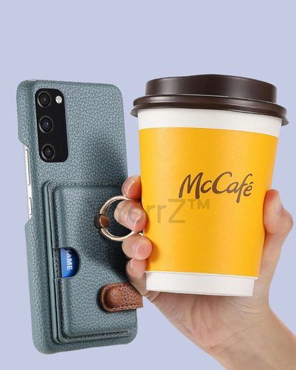 Use case of the ring handle of the dusty blue Galaxy A52 Card Slot Leather Case