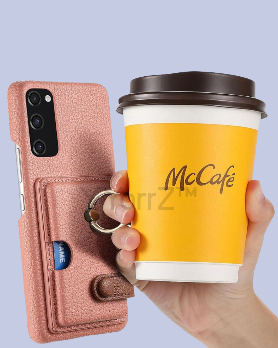 Use case of the ring handle of the dusty pink Galaxy A52 Card Slot Leather Case