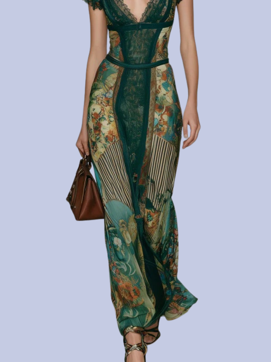 The waist view of the Boho Green Floral Patchwork  V-Neck Maxi Dress