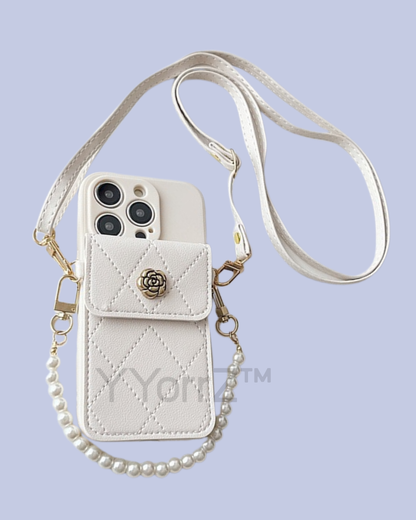 The white Crossbody Quilted iPhone Wallet Case with Pearl Chain Strap