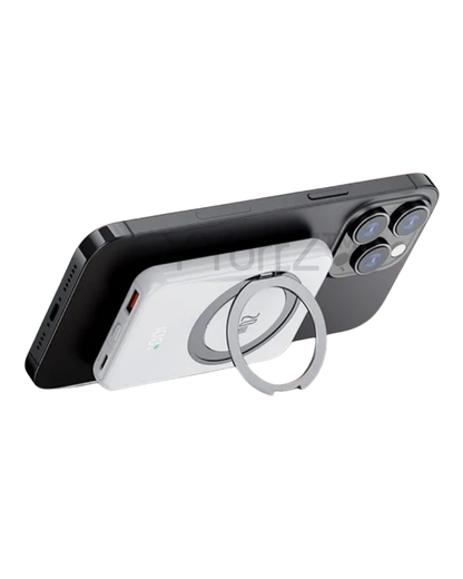 The white Magnetic MagSafe 5000mAh Power Bank with Metal Ring Stand, Fast Charging & Smart LED Display on horizontal display 
